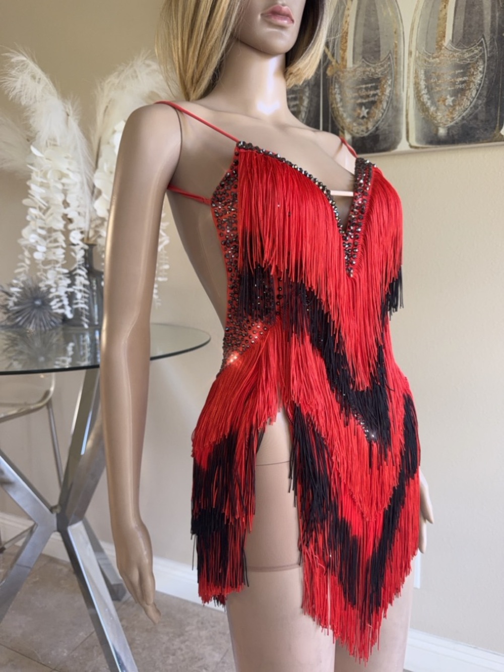 Red Fringe Rhinestones Sequin Latin dance Dress for Women